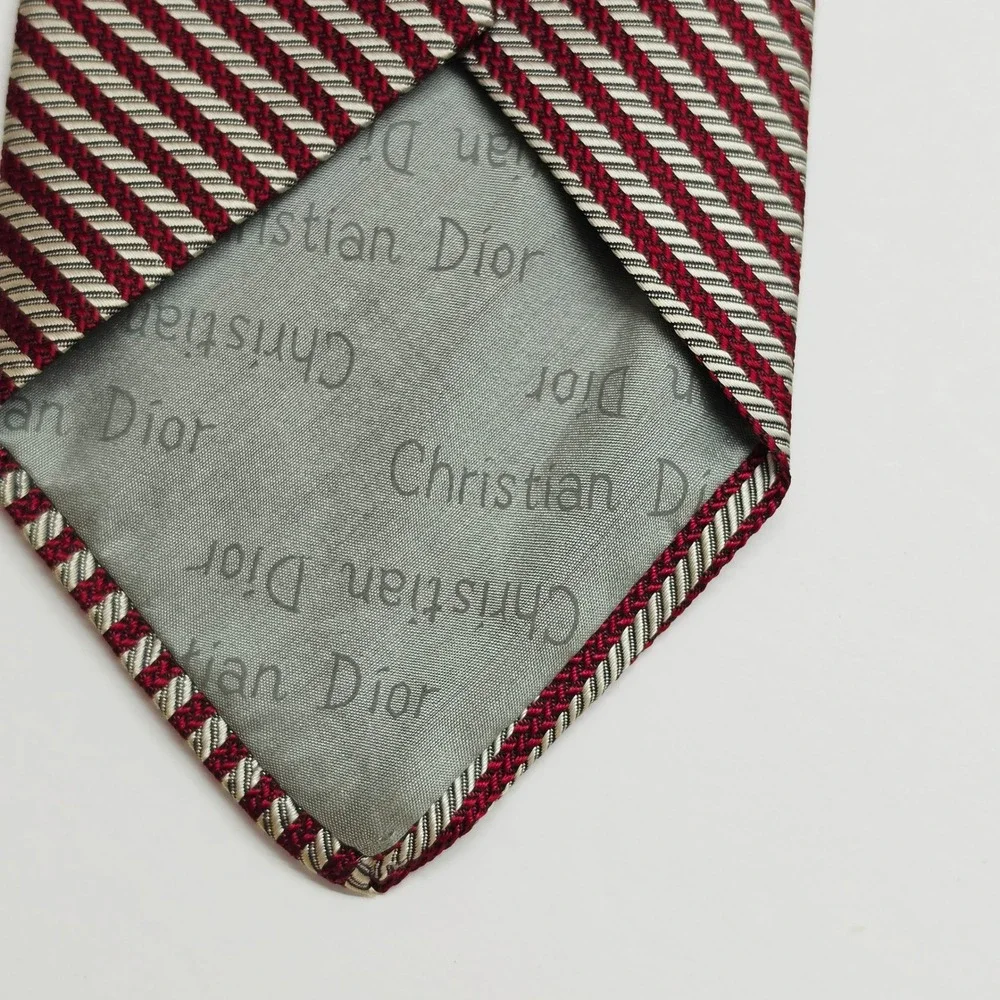Christian Dior Silk Tie Mens OS Burgundy Silver Vintage Striped Necktie